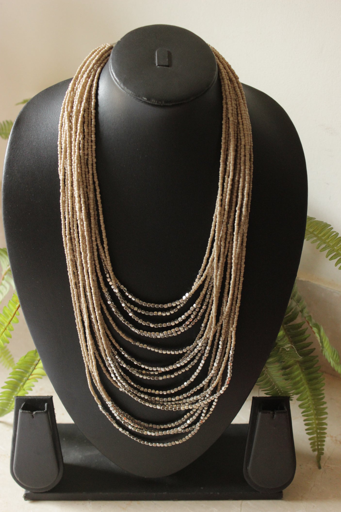 Ivory and Silver Beads Multi-Layer Handmade Beaded Necklace