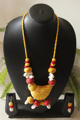 Kantha Embroidered Yellow and Red Fabric and Shells Handmade Necklace