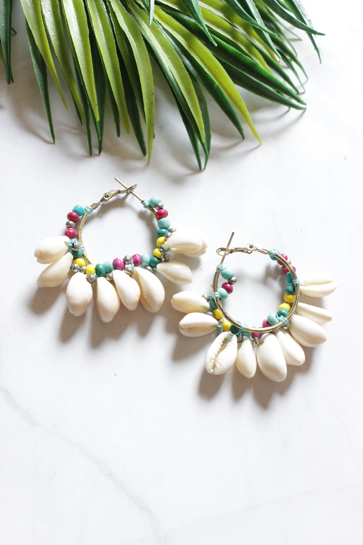Handmade Shell and Bead Hoop Earrings