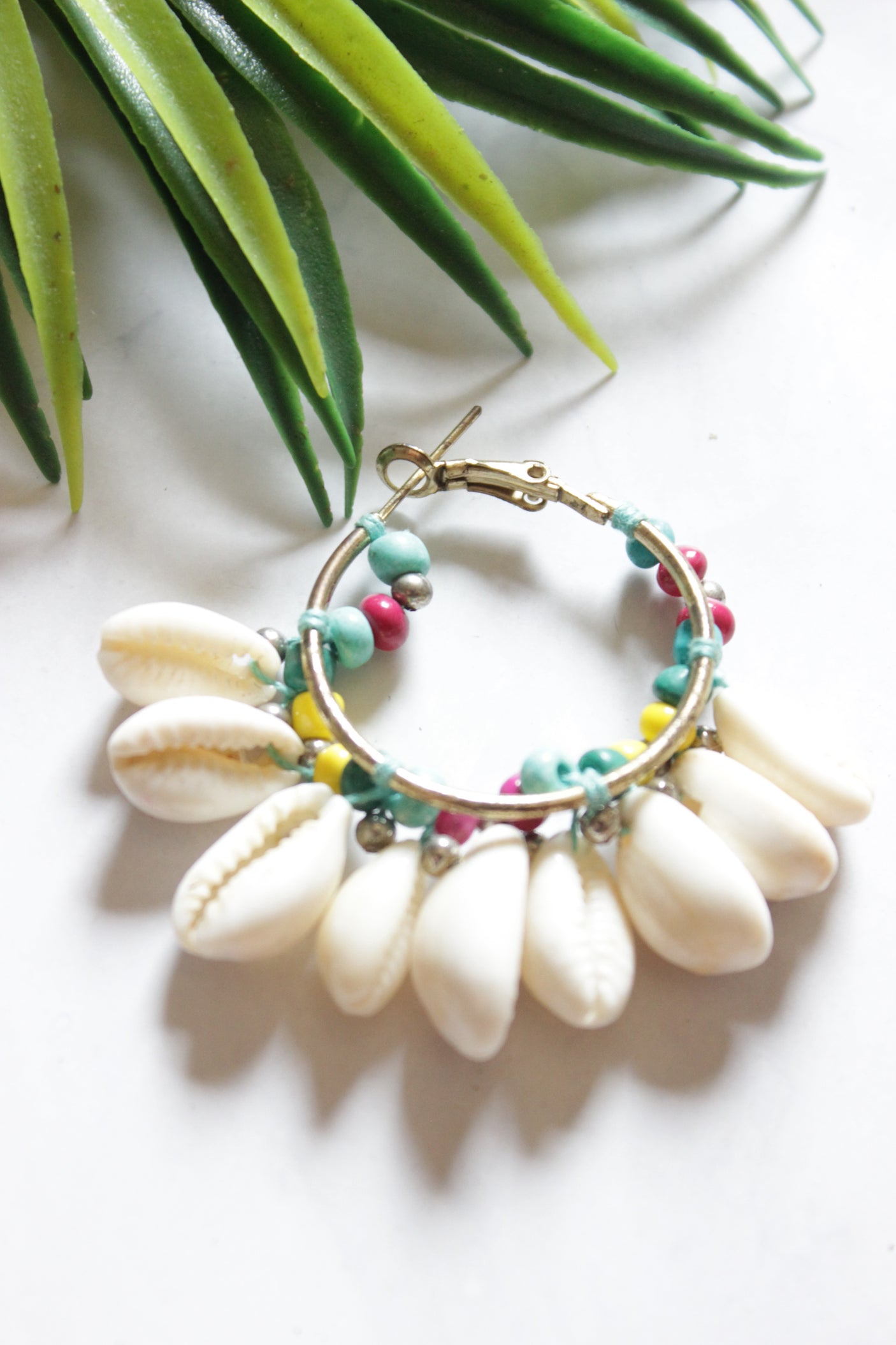 Handmade Shell and Bead Hoop Earrings