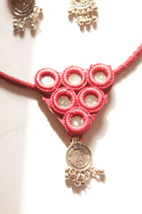 Maroon Fabric and Mirrors Hand Embroidered Hasli Necklace Set