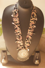 Black Kalamkari Fabric Necklace Embellished with Metal Charms