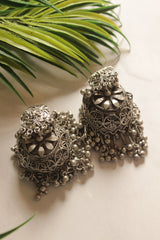 Flower Embossed Oxidised Finish Jhumka Earrings