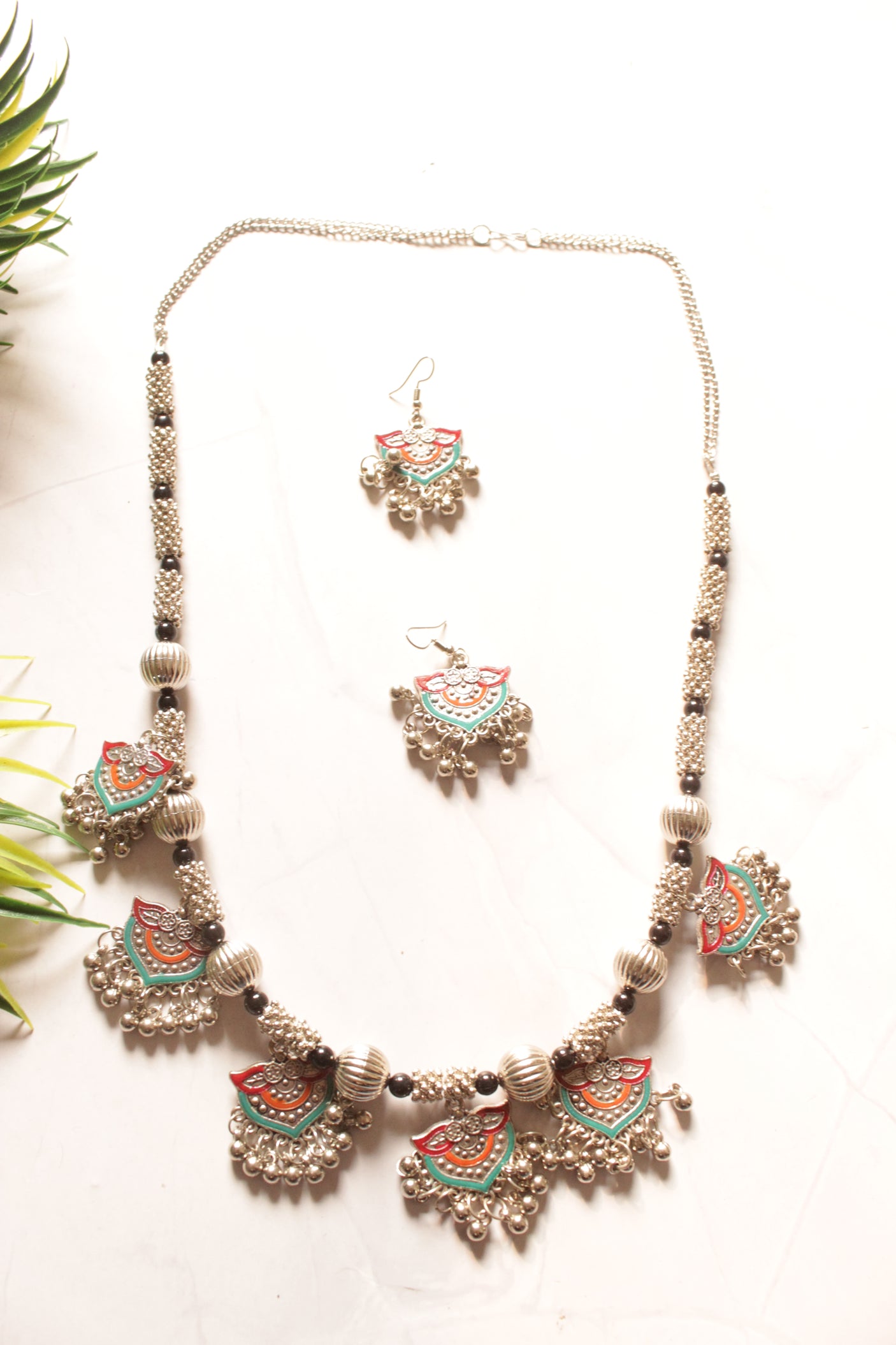 Turquoise and Red Enamel Painted Statement Oxidised Finish Necklace Set