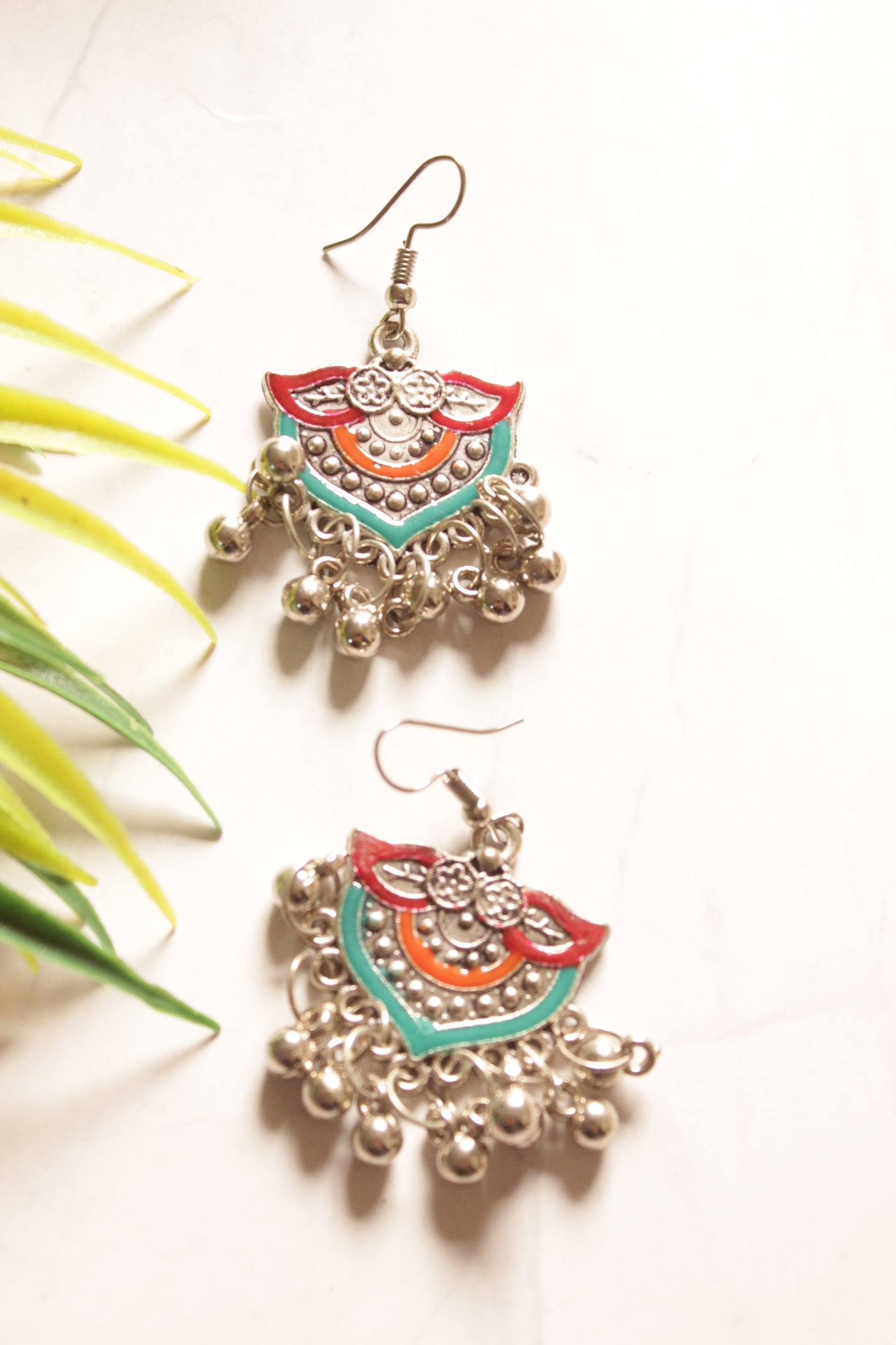 Turquoise and Red Enamel Painted Statement Oxidised Finish Necklace Set