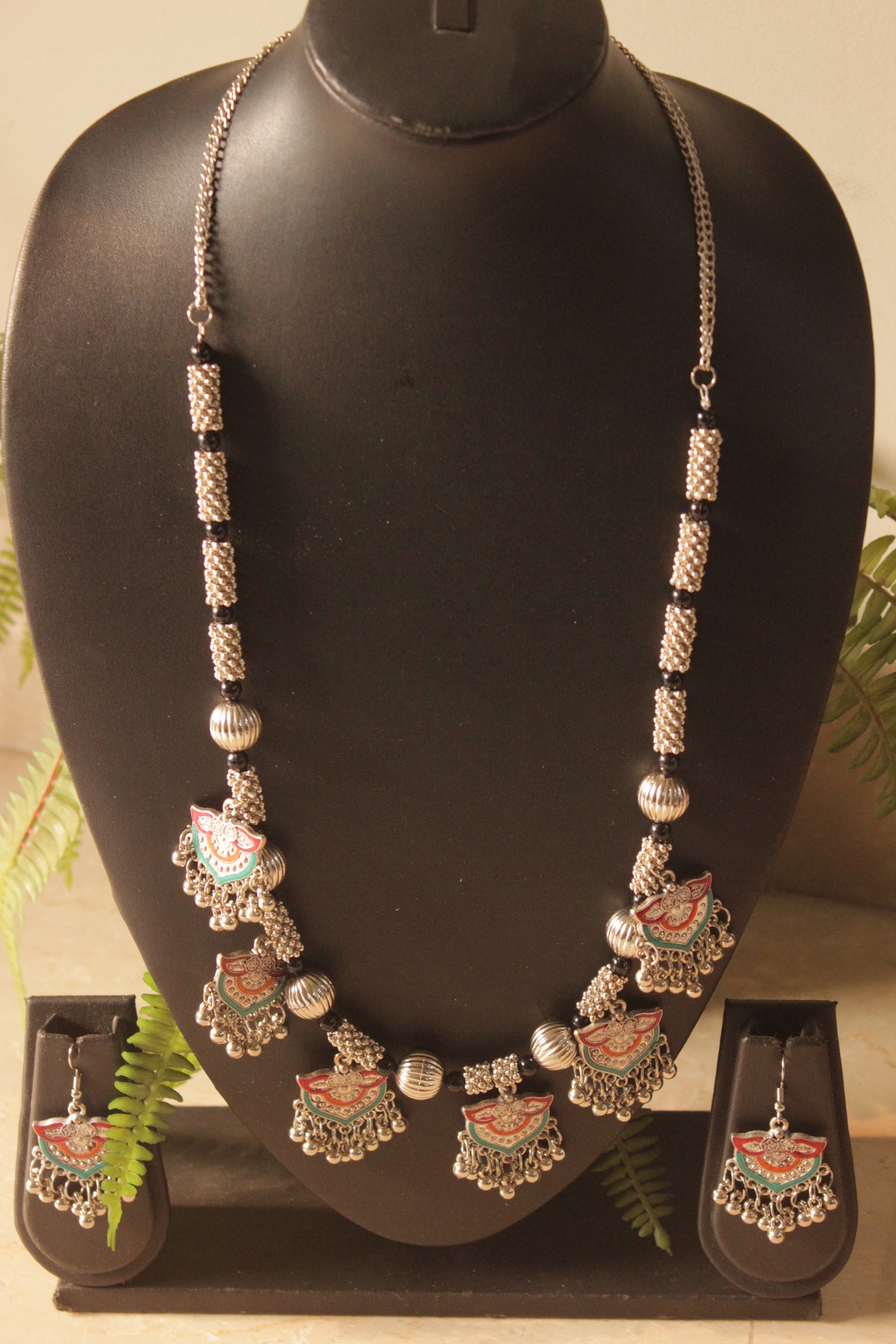 Turquoise and Red Enamel Painted Statement Oxidised Finish Necklace Set