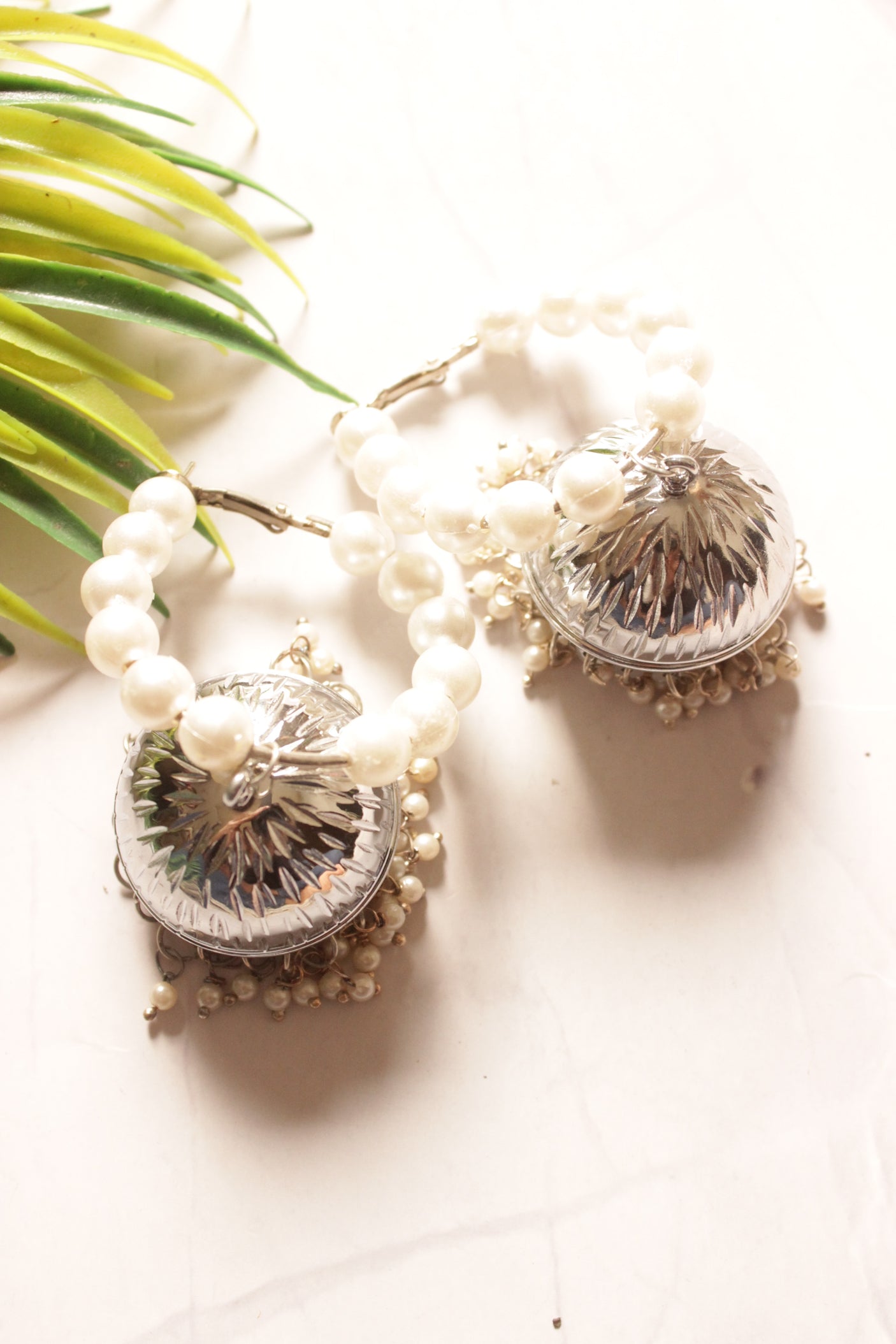 Jhumka Earrings with Circular Hoop of White Beads