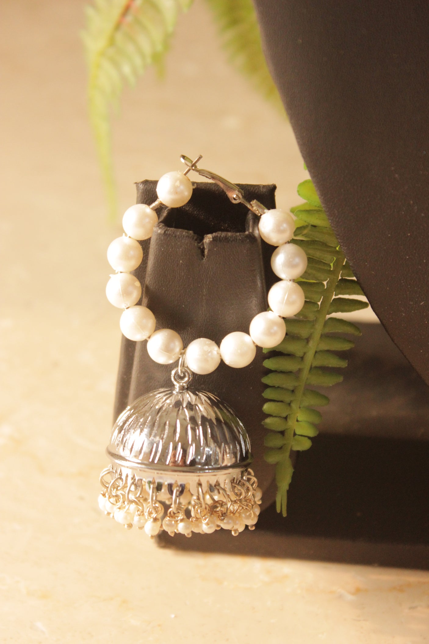 Jhumka Earrings with Circular Hoop of White Beads
