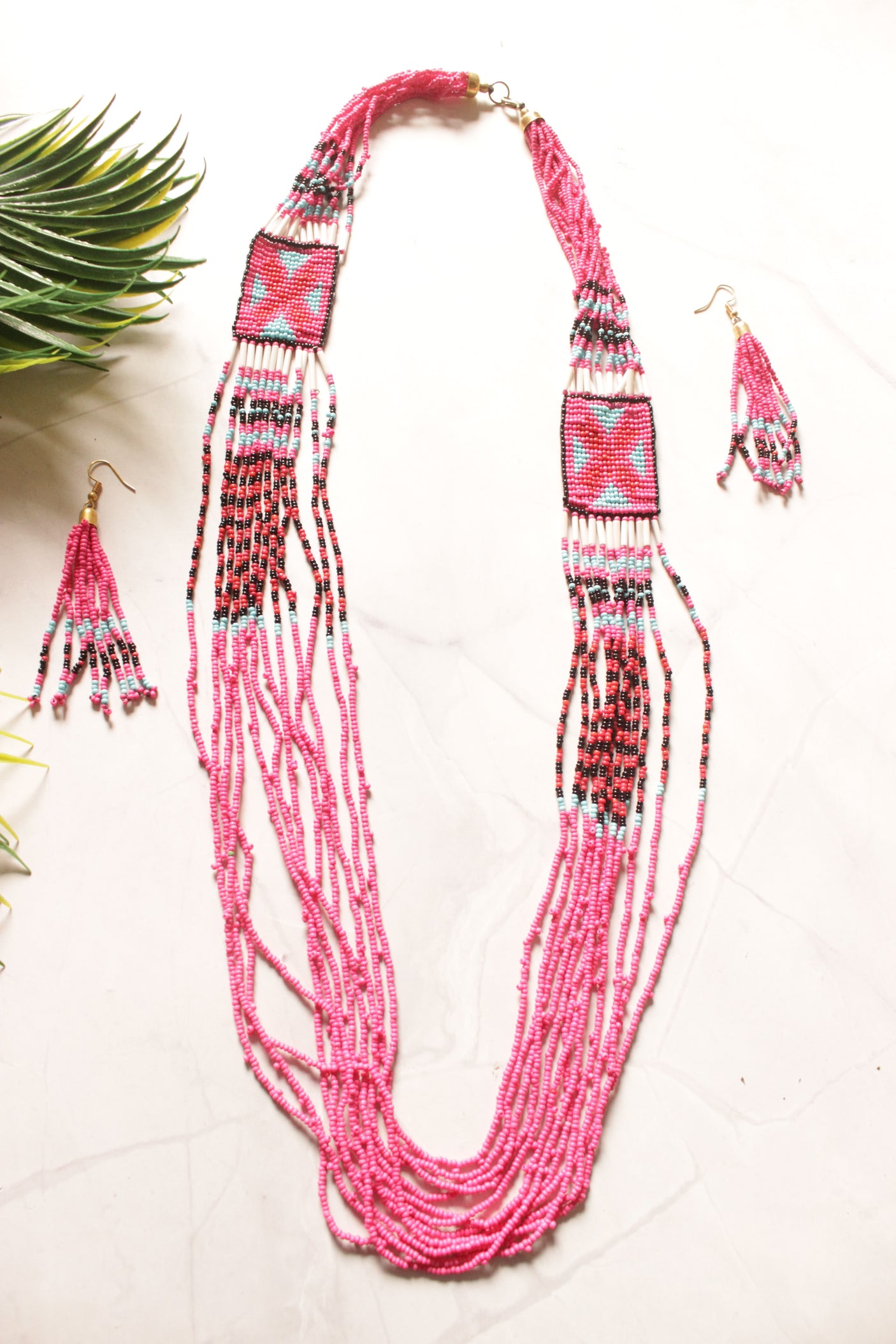 Pink Multi-Layer Beads Hand Beaded Long Necklace Set