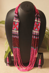 Pink Multi-Layer Beads Hand Beaded Long Necklace Set
