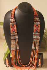 Orange Multi-Layer Beads Hand Beaded Long Necklace Set