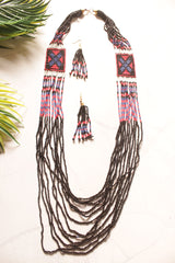 Black Multi-Layer Beads Hand Beaded Long Necklace Set