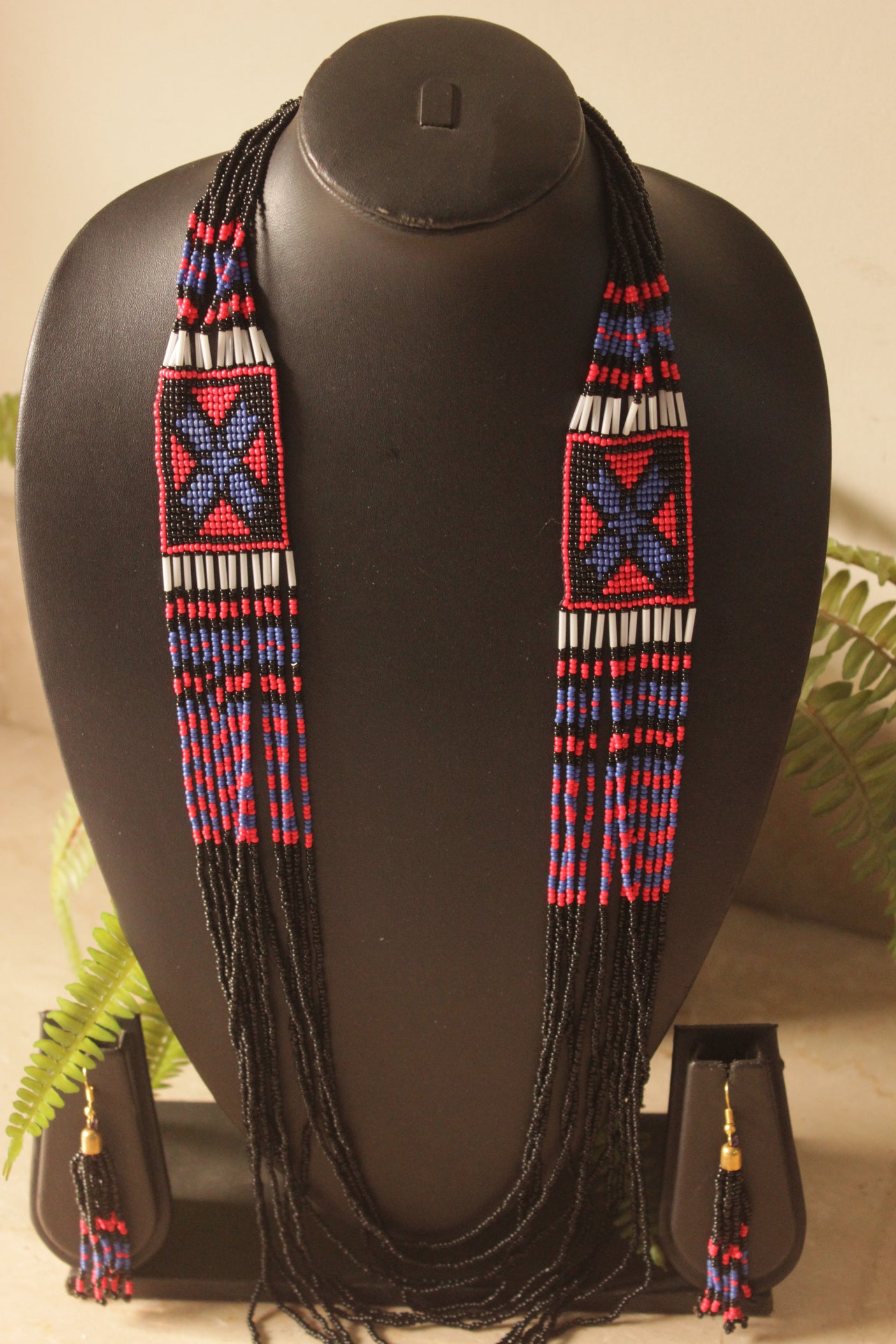 Black Multi-Layer Beads Hand Beaded Long Necklace Set