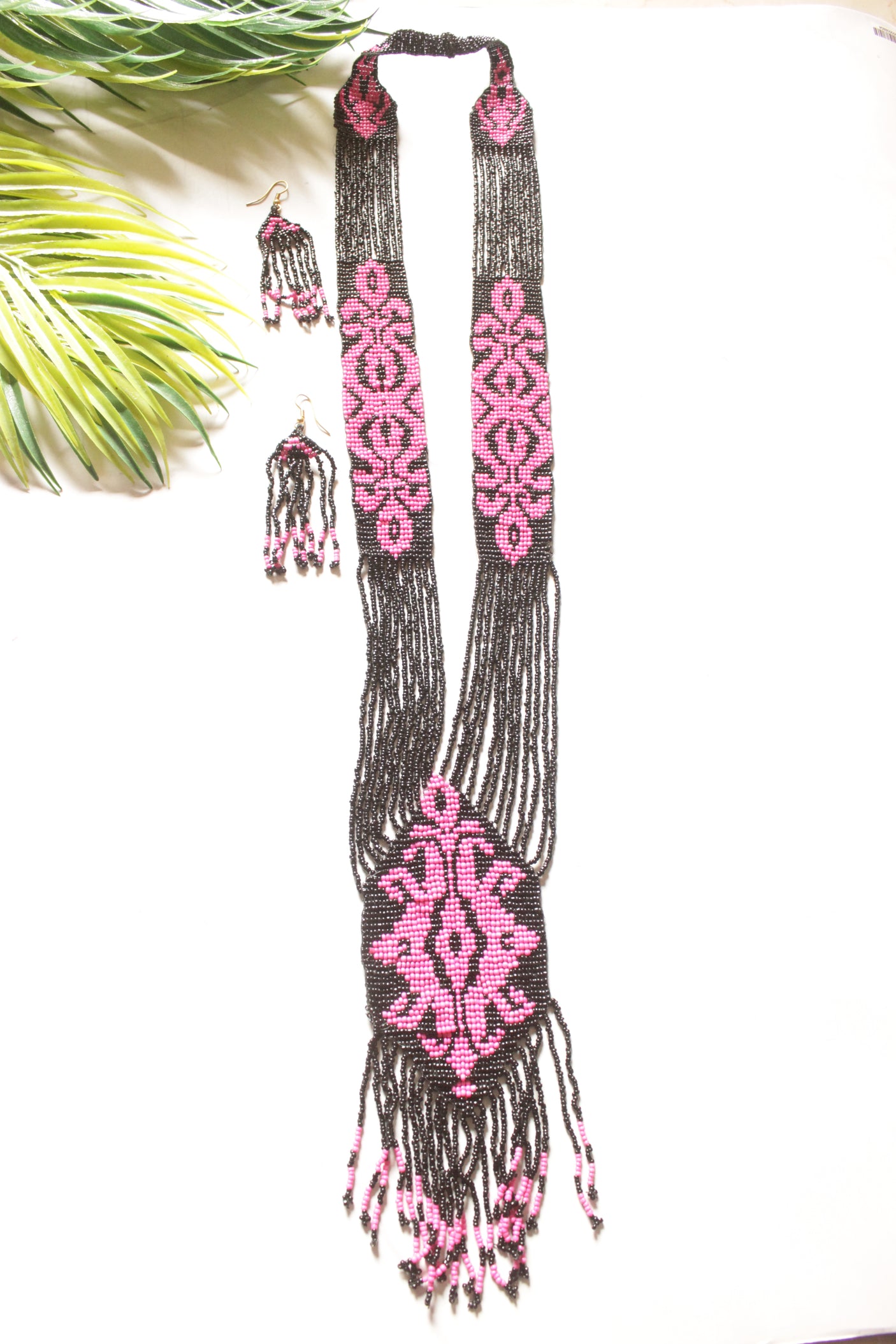 Black and Pink Multi-Layer Hand Beaded Long Necklace Set