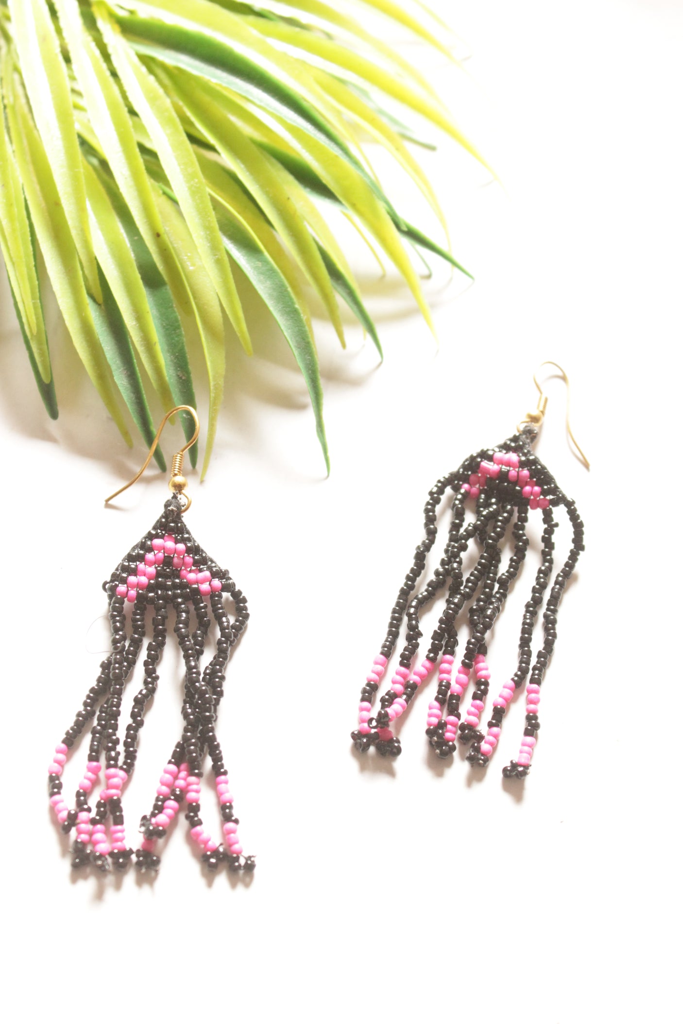 Black and Pink Multi-Layer Hand Beaded Long Necklace Set