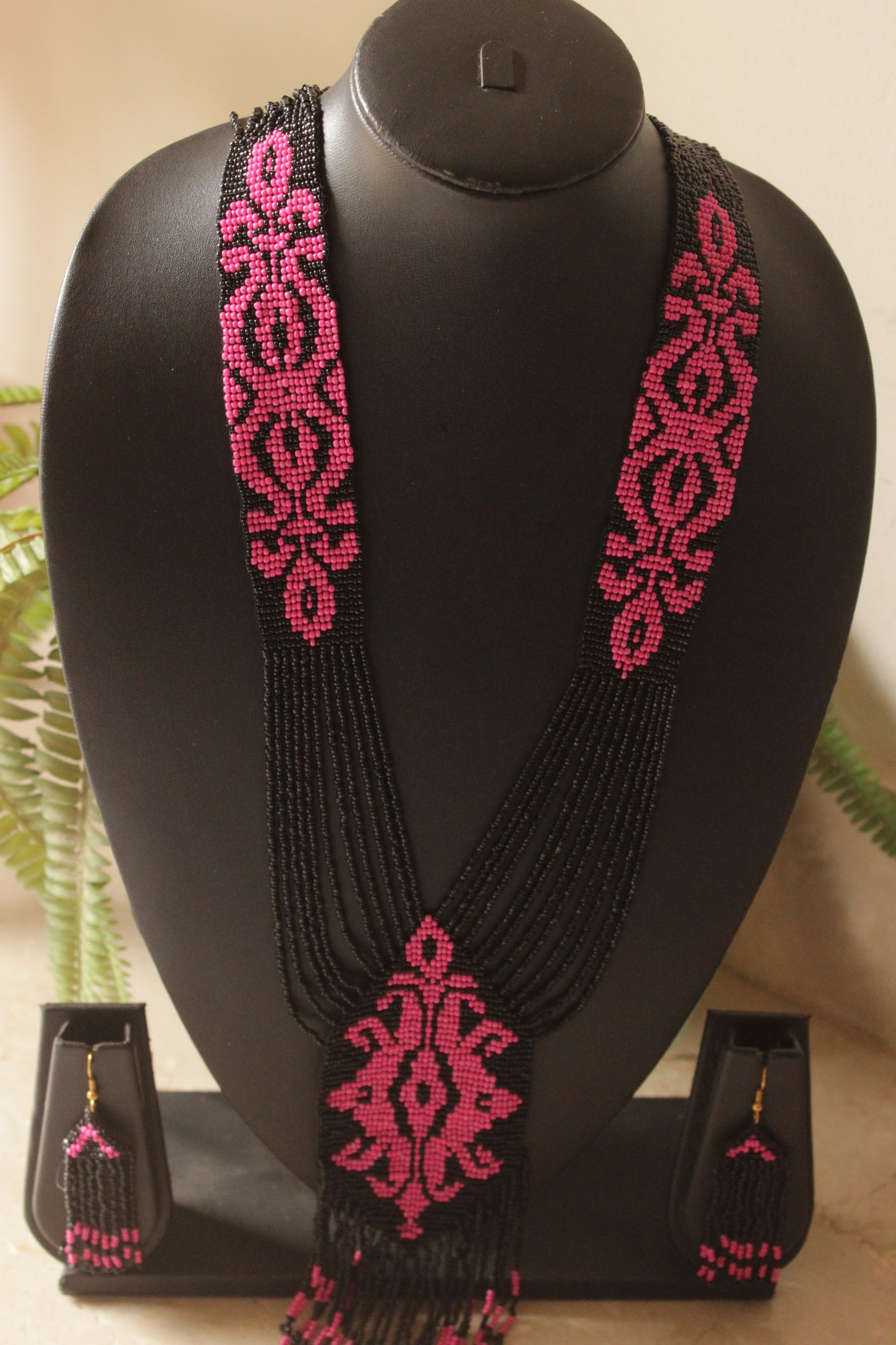 Black and Pink Multi-Layer Hand Beaded Long Necklace Set