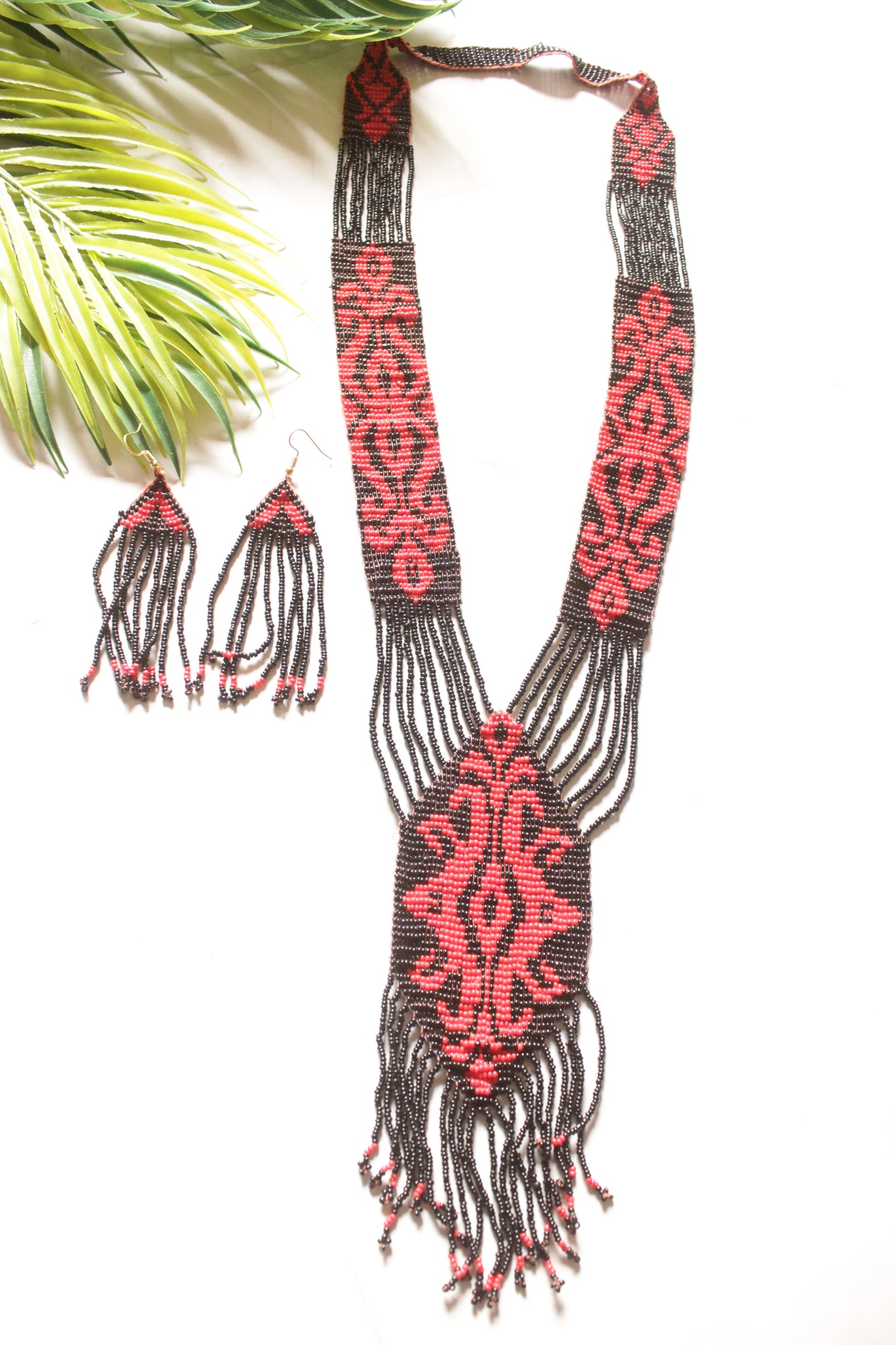 Black and Red Multi-Layer Hand Beaded Long Necklace Set