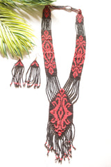 Black and Red Multi-Layer Hand Beaded Long Necklace Set