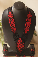Black and Red Multi-Layer Hand Beaded Long Necklace Set