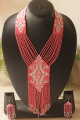 Subtle Red and Ivory Multi-Layer Hand Beaded Long Necklace Set