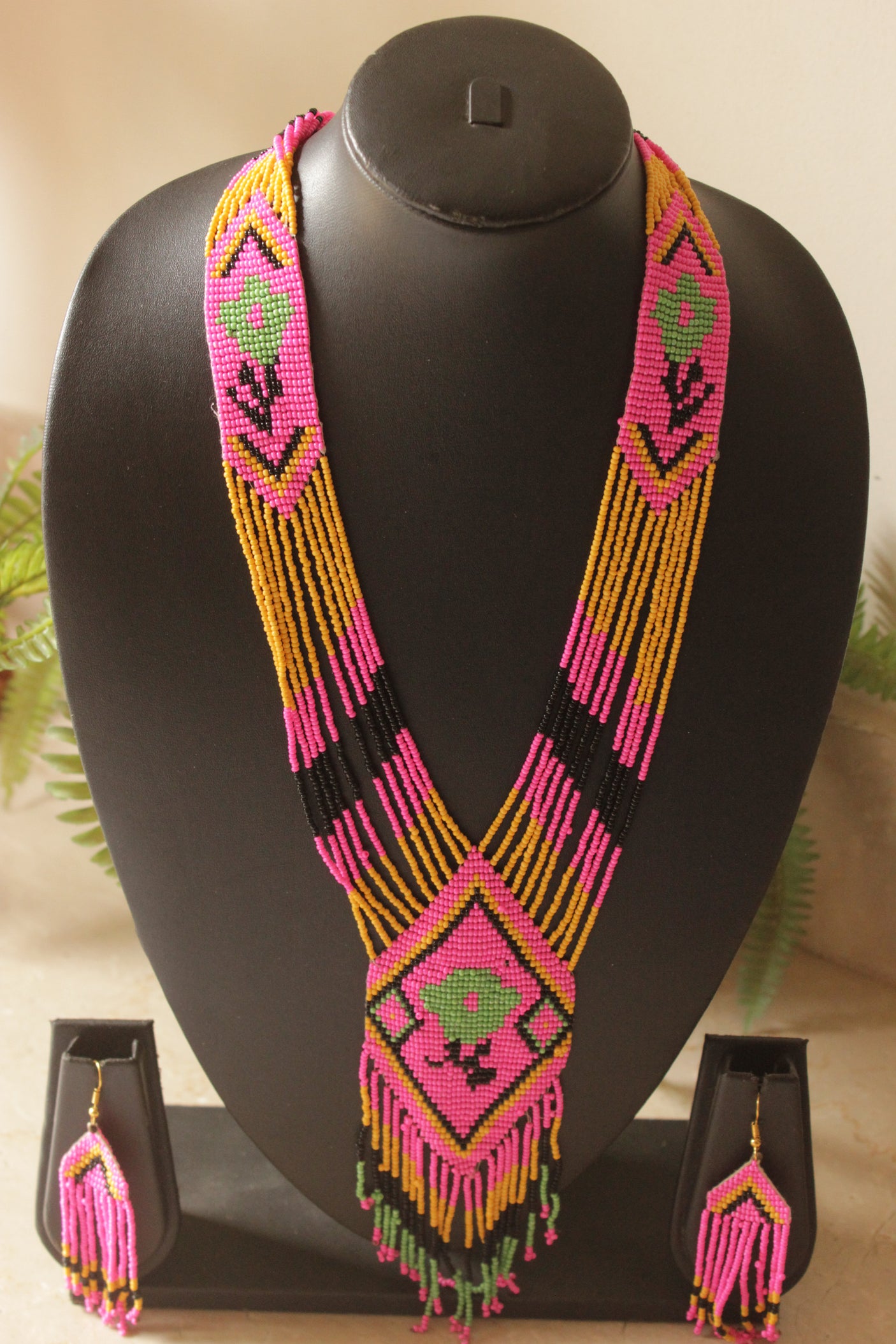 Multi-Color Hand Beaded Long Necklace Set