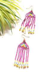 Purple and Yellow Hand Beaded Long Necklace Set