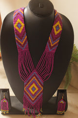 Purple and Yellow Hand Beaded Long Necklace Set