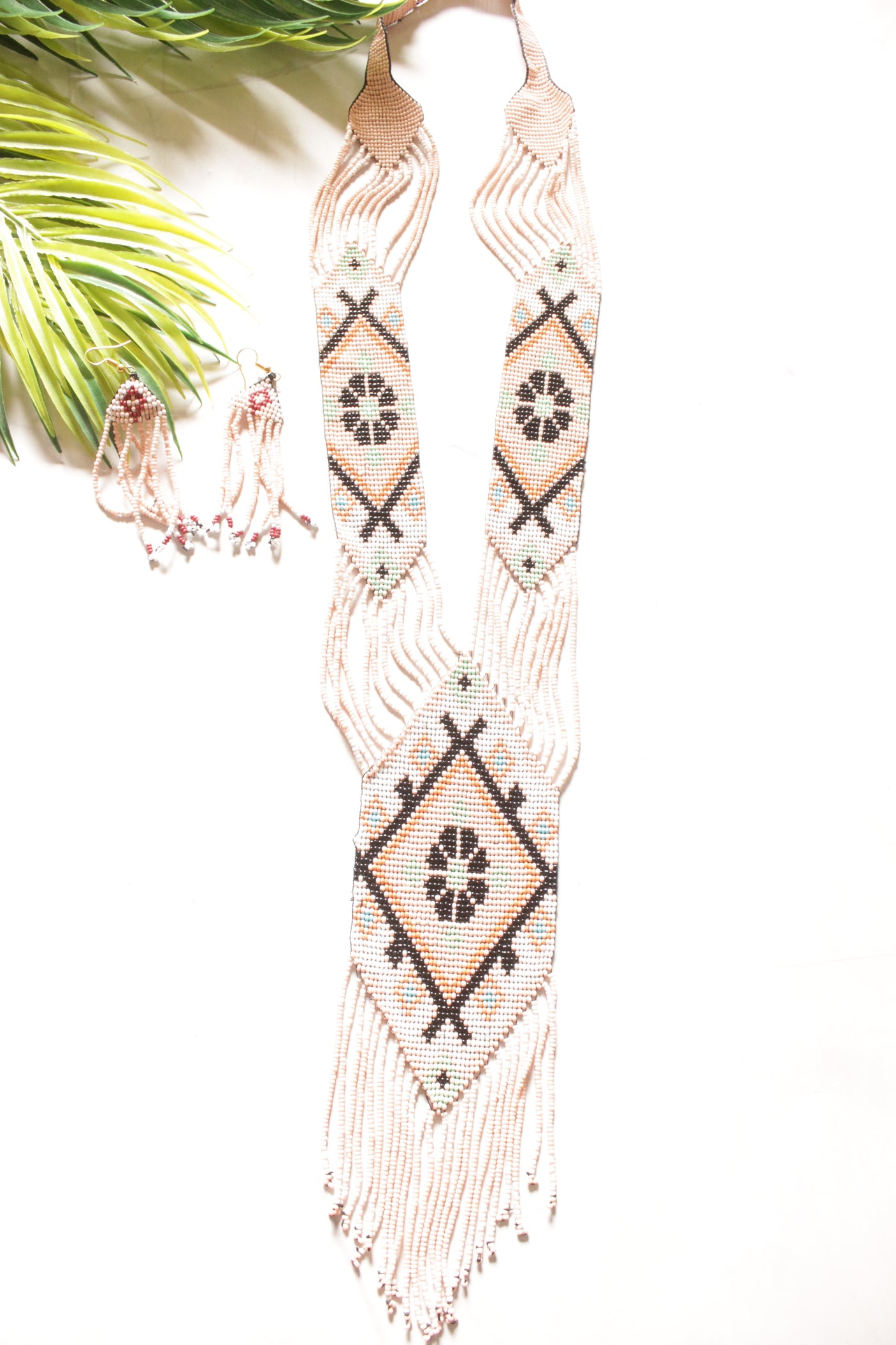Earthy Beige Hand Beaded Long Necklace Set