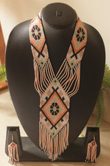Earthy Beige Hand Beaded Long Necklace Set