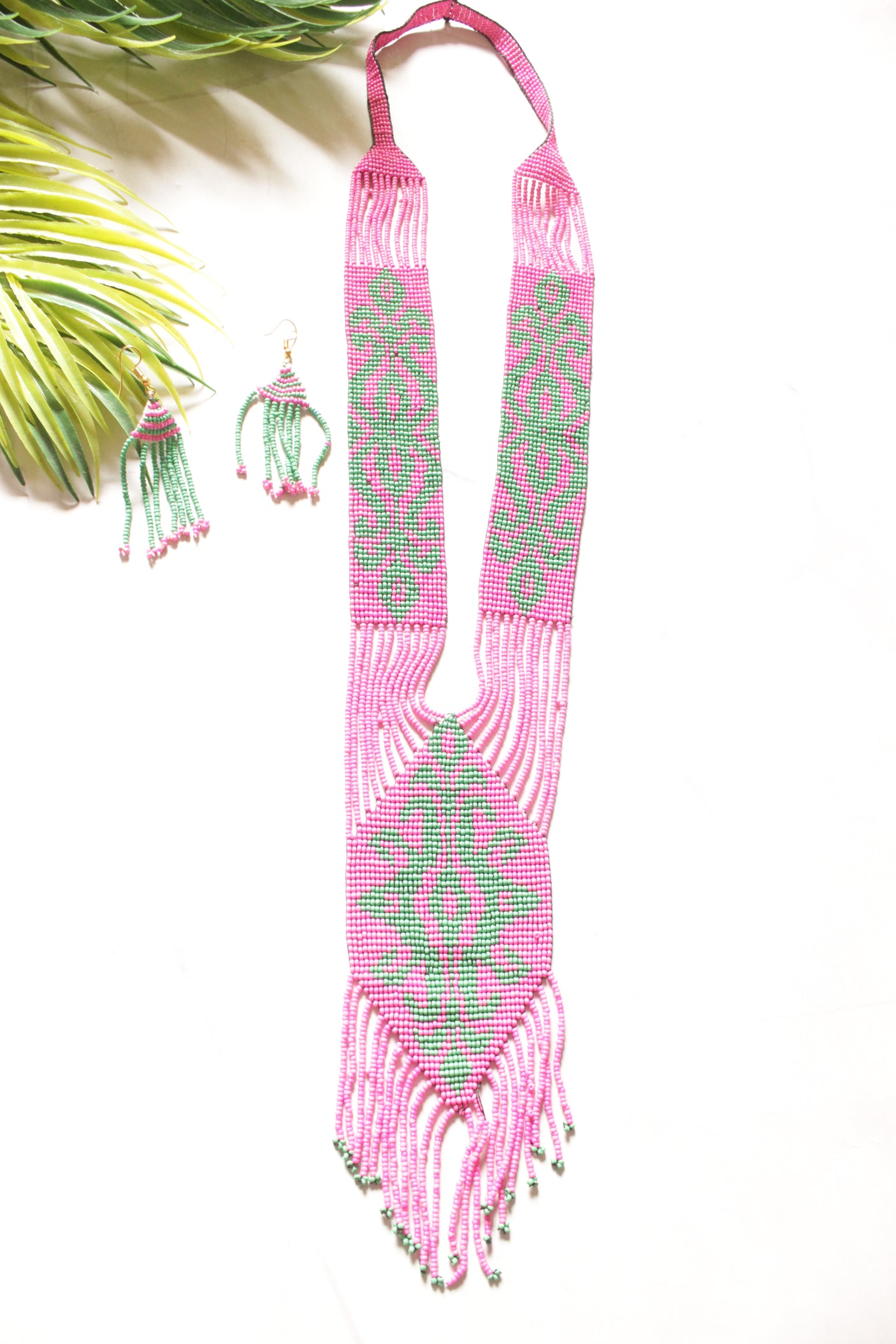 Pink and Green Hand Beaded Long Necklace Set