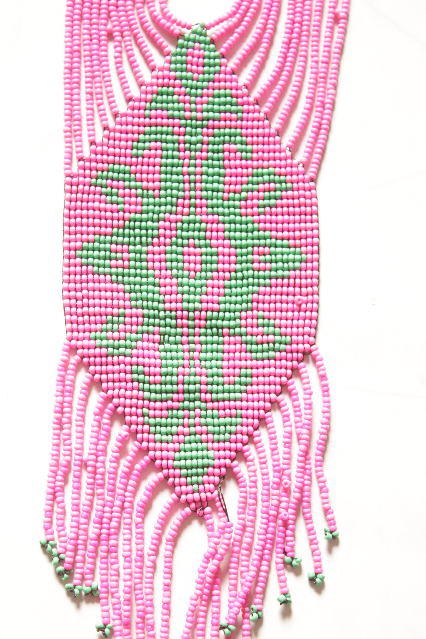 Pink and Green Hand Beaded Long Necklace Set