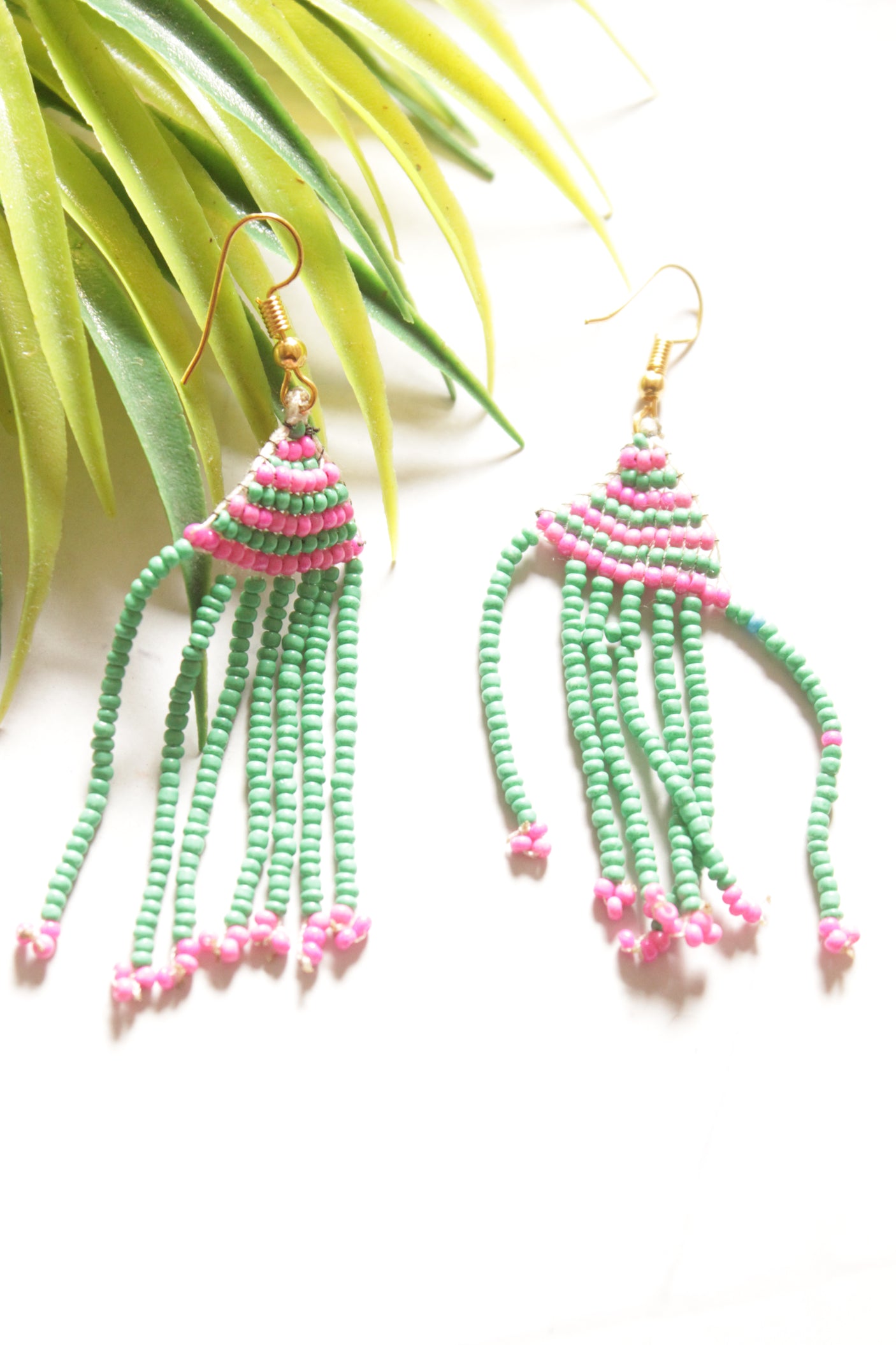 Pink and Green Hand Beaded Long Necklace Set