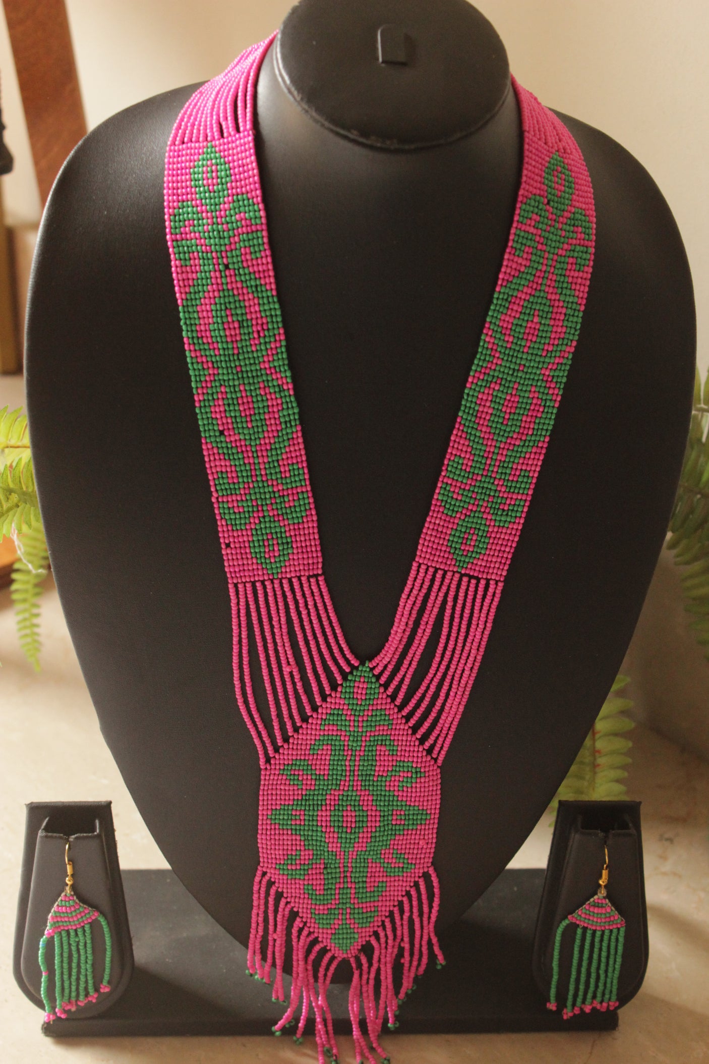 Pink and Green Hand Beaded Long Necklace Set