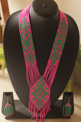 Pink and Green Hand Beaded Long Necklace Set