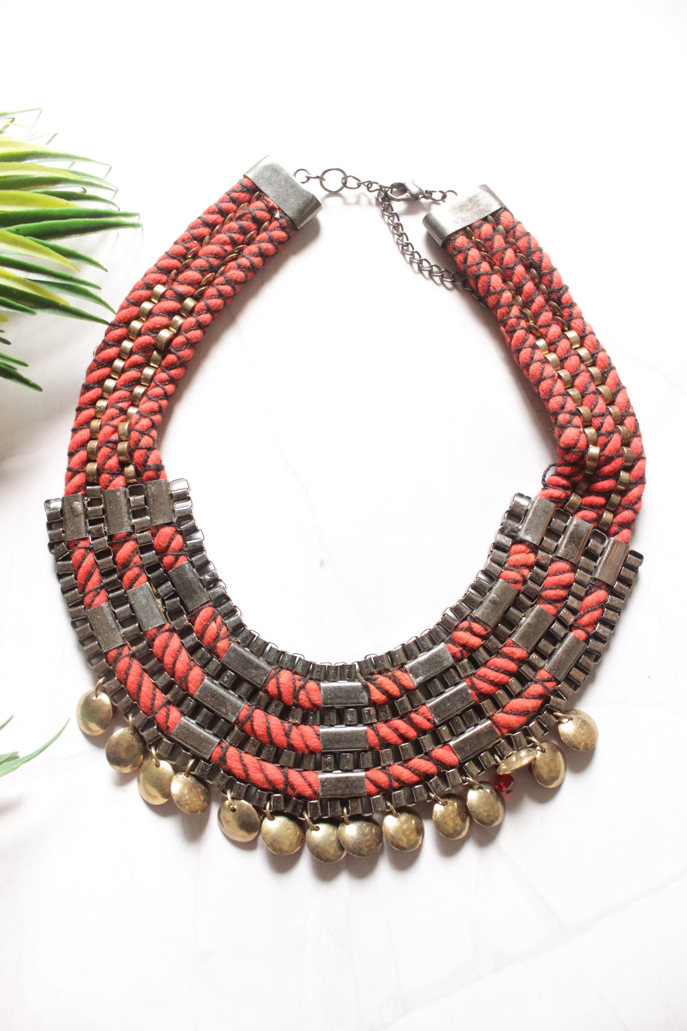 Grey Metal Charms and Braided Cotton Threads Handmade Necklace