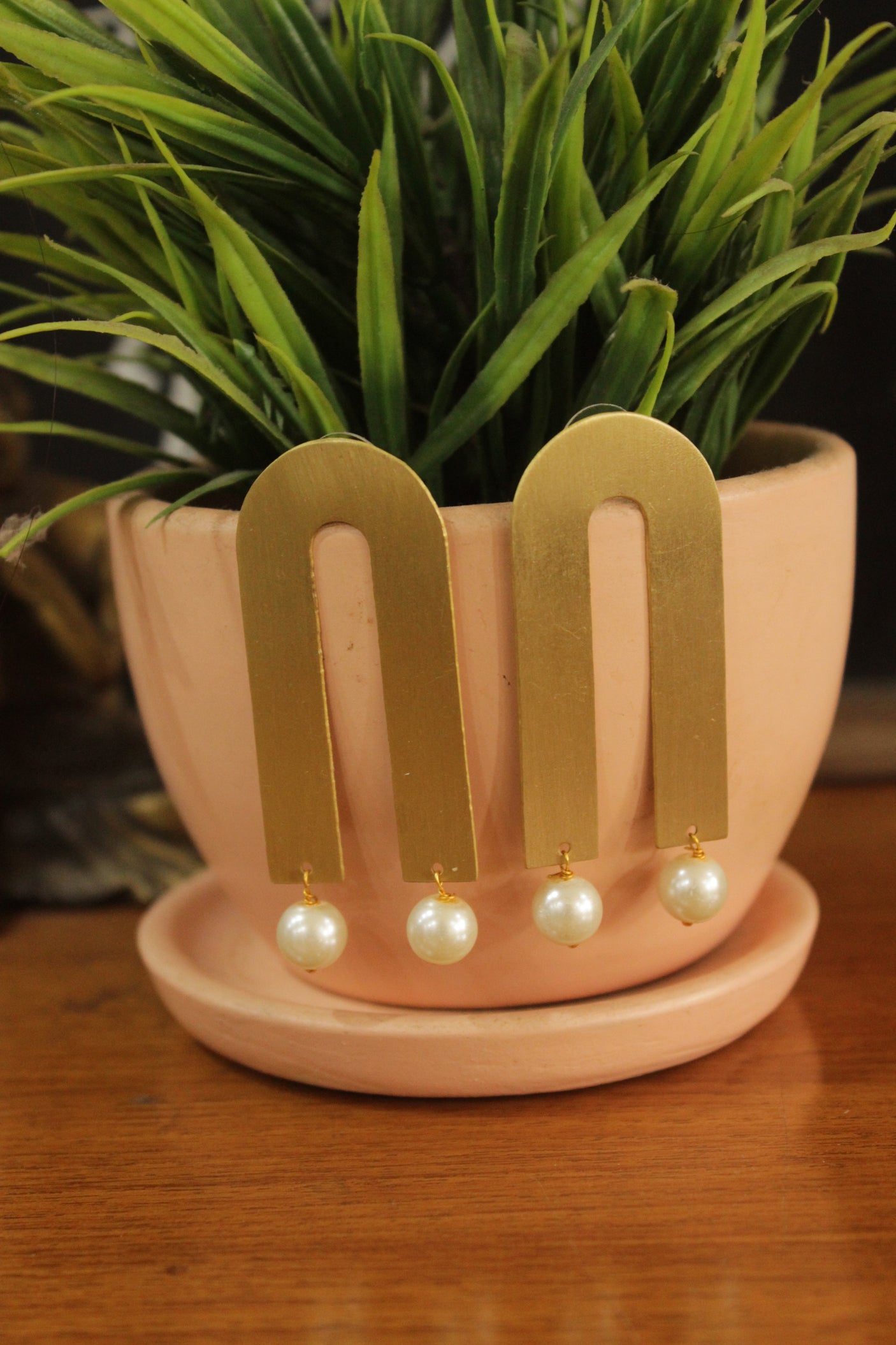 Pearl Gemstone Gold Finish Horse Shoe Brass Earrings