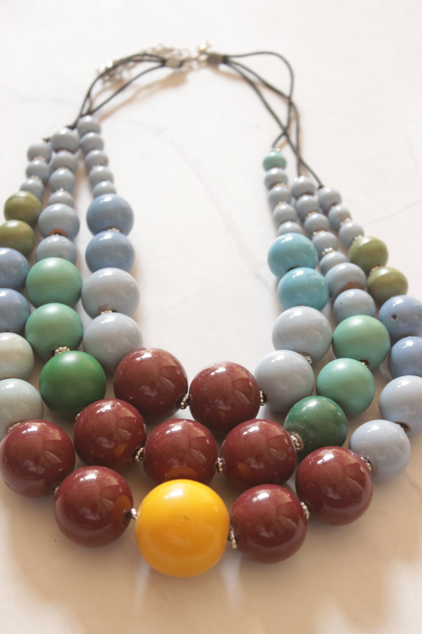 Maroon and Blue Wooden Beads 3 Layer Necklace