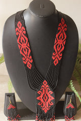 Black and Red Hand Beaded Long Necklace Set
