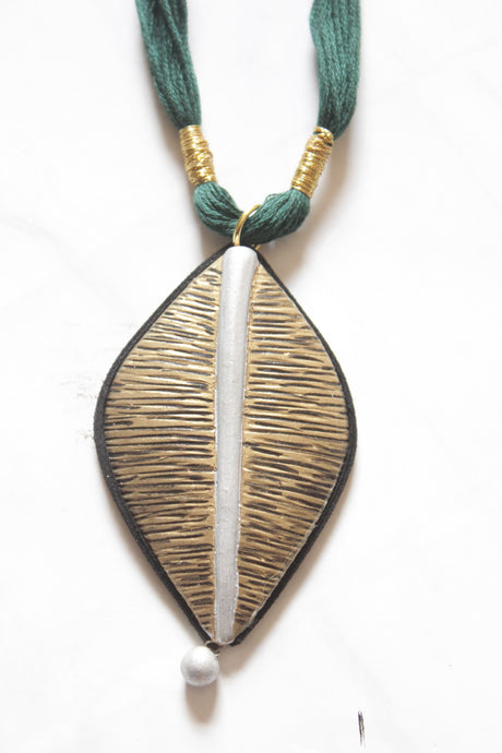 Handmade Leaf Pendant Terracotta Clay Necklace with Fabric Threads Closure