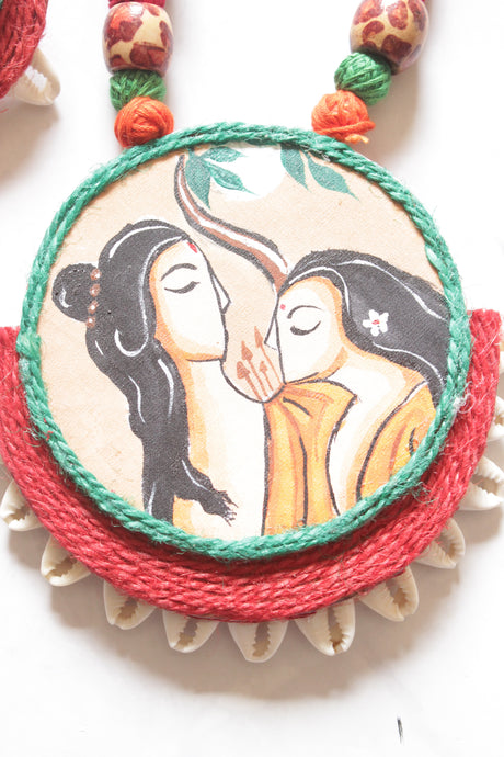 Hand Painted Radha Krishna Boho Fabric Necklace Set