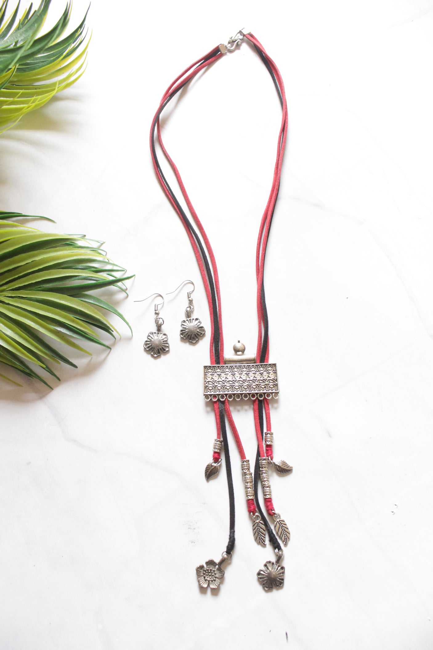 Rope Closure Oxidised Finish Pendant and Charms Necklace Set
