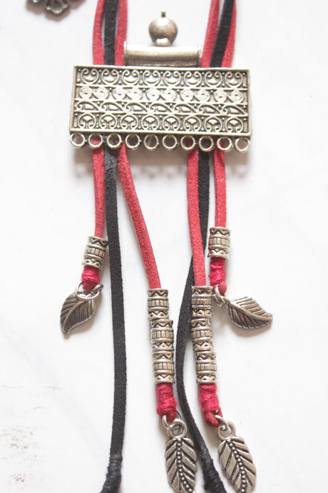 Rope Closure Oxidised Finish Pendant and Charms Necklace Set