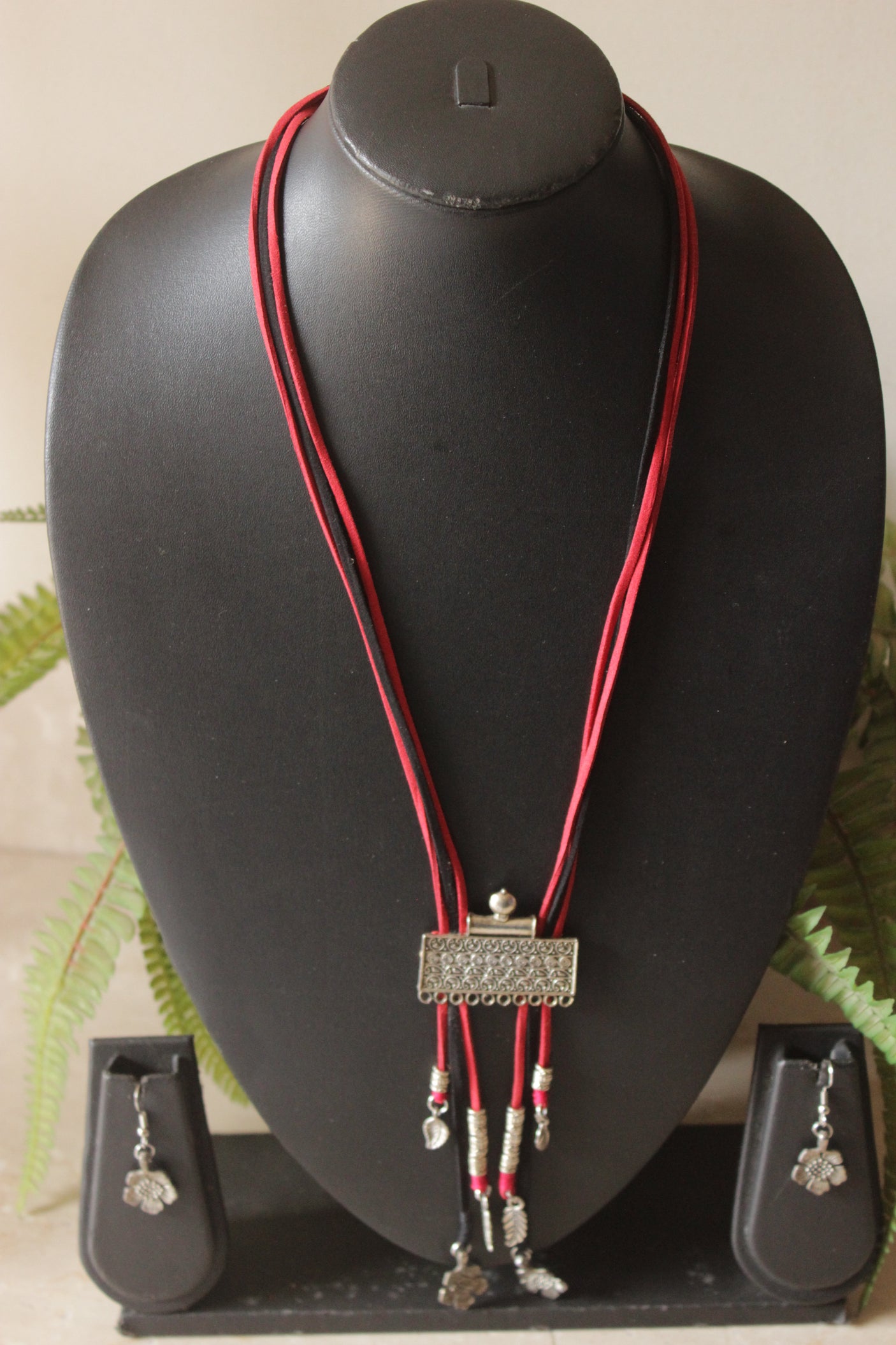 Rope Closure Oxidised Finish Pendant and Charms Necklace Set