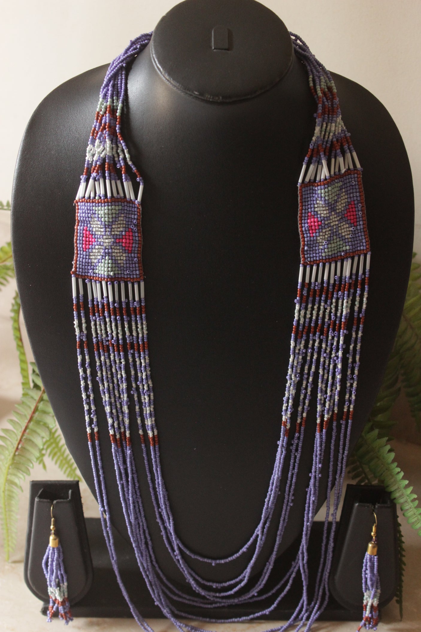 Purple Hand Beaded Long Necklace Set
