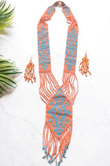 Orange and Blue Hand Beaded Long Necklace Set