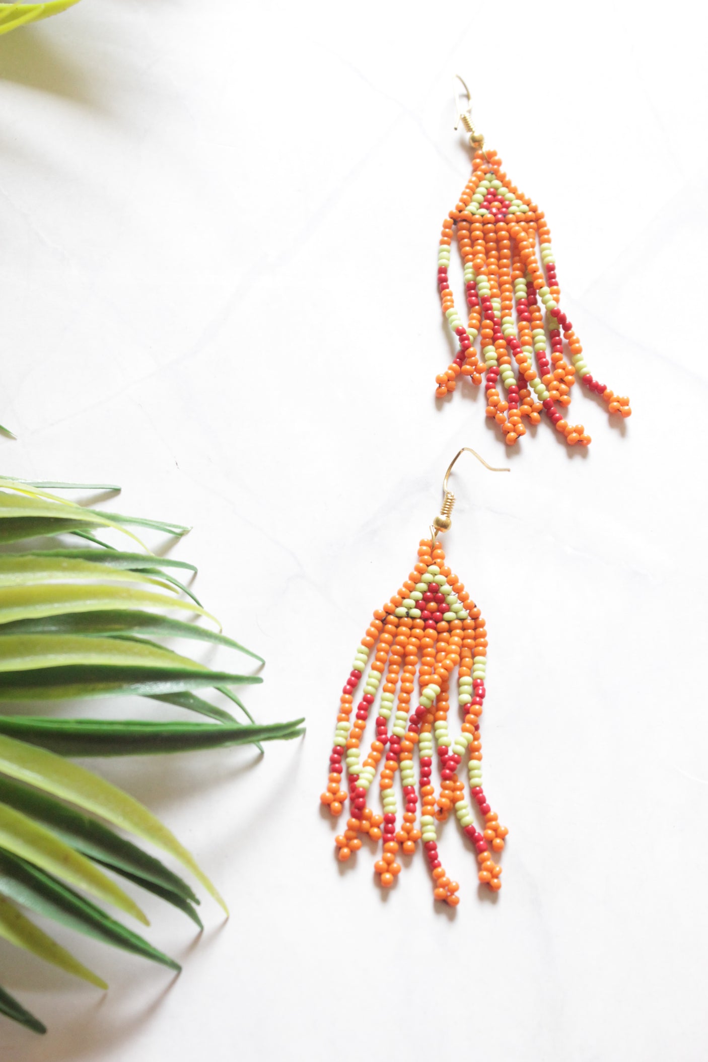 Orange and Blue Hand Beaded Long Necklace Set