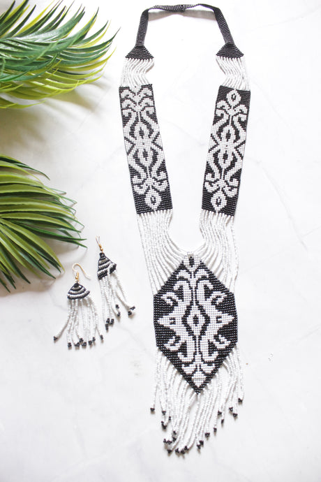 Monochrome Hand Beaded Long Necklace Set