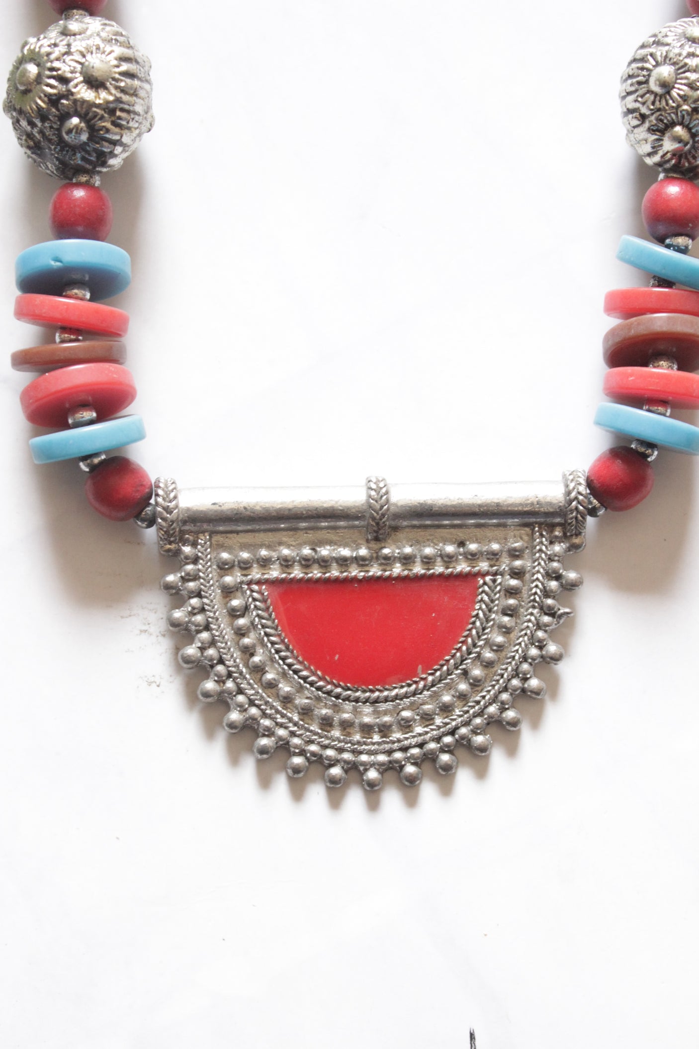 Blue and Red Acrylic Beads Afghani Pendant Necklace