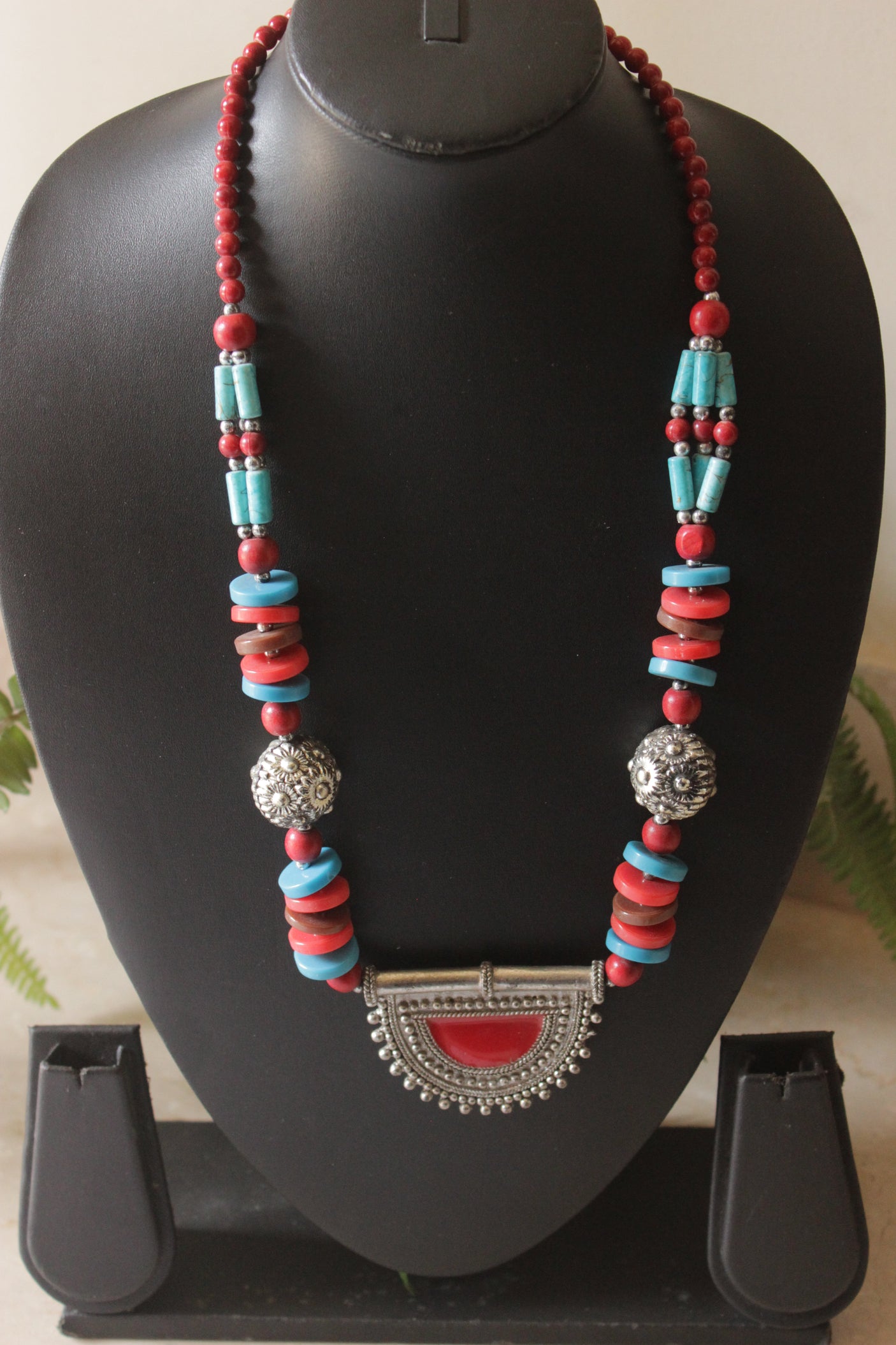 Blue and Red Acrylic Beads Afghani Pendant Necklace