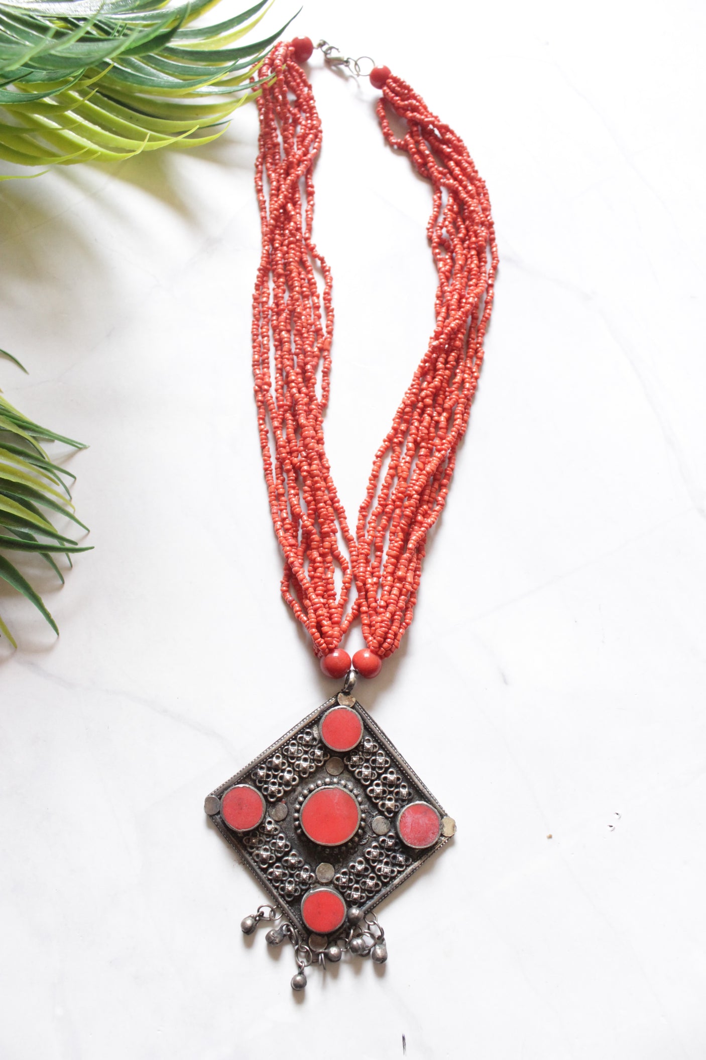Orange Acrylic Beads and Afghani Metal Pendant Handmade Necklace